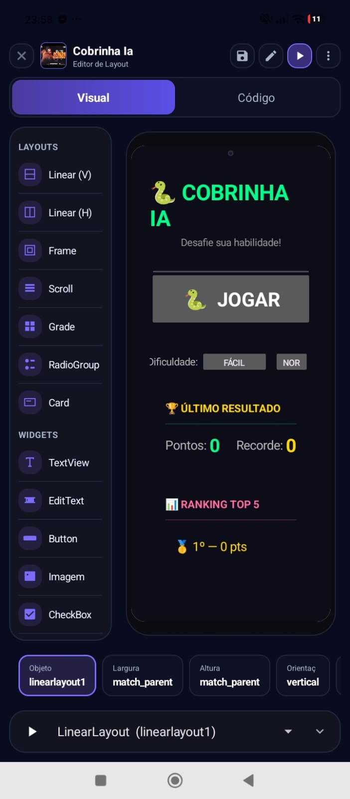 Editor visual do Skit Studio criando a interface do jogo Cobrinha IA